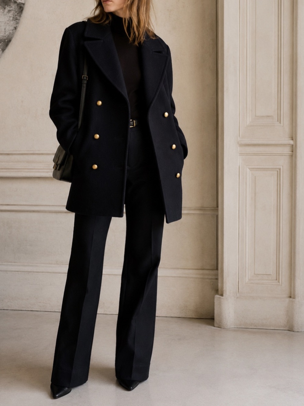 H&M Dark Navy Double-Breasted Pea Coat with Gold Buttons